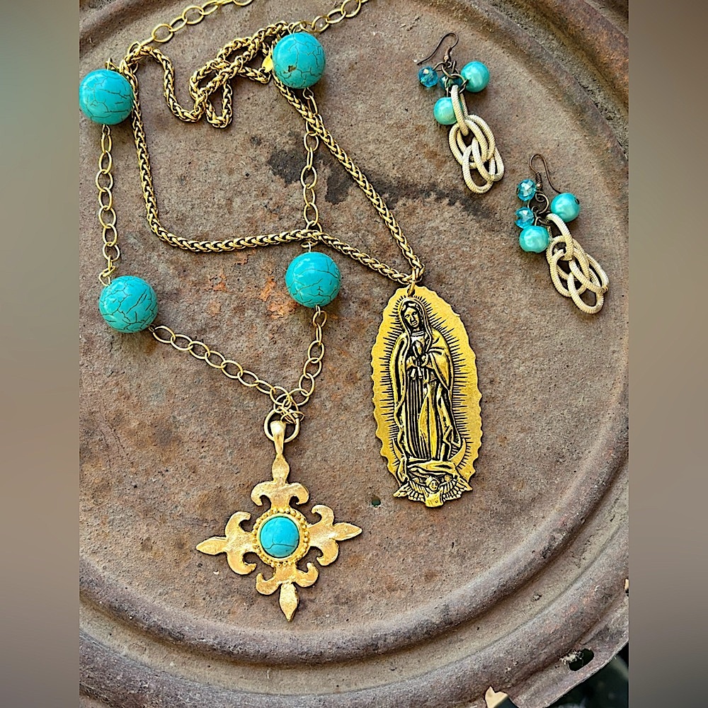 Easter Artisan Spiritual Rosary Gold Cross, Vintage Pearl Rings Turquoise Asst.